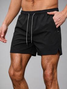 Men's Solid Color Sports Shorts With Drawstring And Pockets, Lightweight And Comfortable, Suitable For Summer Sports And Casual Wear Black - Black - View 2