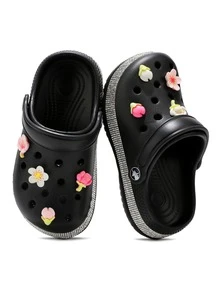 HOEASE Girls' EVA Clogs, Breathable Summer Beach Shoes & Garden Shoes For Boys & Girls, Slip-On Design, Shining Rhinestone Decoration, All Season Footwear - Black - View 1