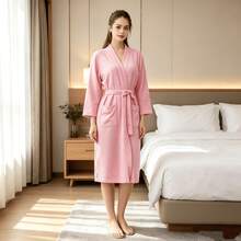 1pc Women's 100% Cotton Waffle Knit Kimono Robe, Soft Absorbent Unisex Bathrobe, Suitable For Home, Spa, Hotel Leisure, Valentine's Day Gift - White - View 11