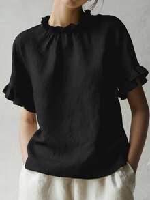 Solid Color Ruffle Trim Short Sleeve Casual Shirt Black Summer - Black - View 2