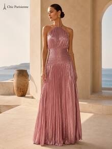 Dusty Rose Metallic Plissé Halter Maxi Dress - 重量 - 查看 1