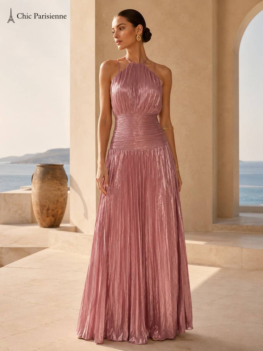 Dusty Rose Metallic Plissé Halter Maxi Dress - 重量 - 查看 1