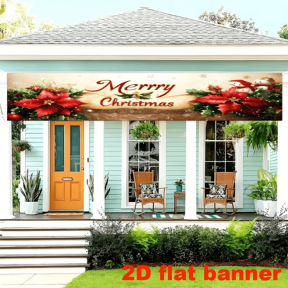 2D Flag Christmas-Themed Banner Background Fabric, Featuring Red Petunia And Snowman Decorative Elements, With The Words "Merry Christmas" Printed On It, Requires No Power Supply