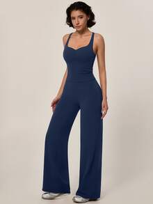 TimeOff Conjunto deportivo de mujer de un solo color con camiseta de tirantes de espalda atlética con almohadillas desmontables y pantalones de cintura alta de pierna ancha - Azul - Ver 9