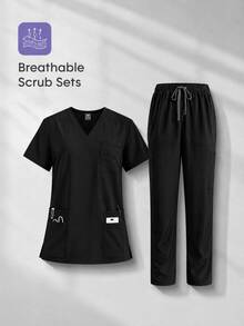 Women's Scrubs Set V-Neck Top And Cargo Pants 2 Piece Set Multi-Pocket Nursing Uniform For Dentist Vet Doctor Black - Black - View 8