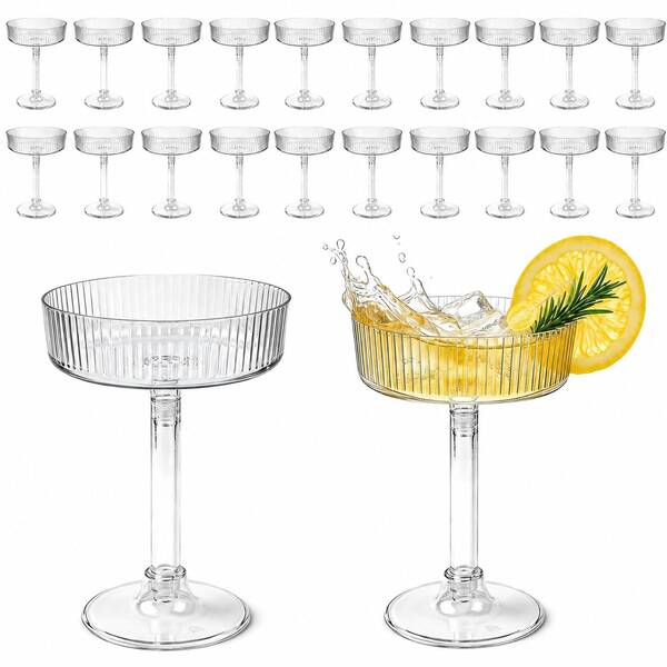 20PCS Clear Ribbed Plastic Champagne Coupe Glasses 180ml/6OZ, Reusable Vintage Cocktail Glasses For Champagne Tower, Wedding Reception, Bridal Shower, Birthday Party, Baby Shower, Engagement, Mimosa Bar, Dessert Cups, Party Table Decor
