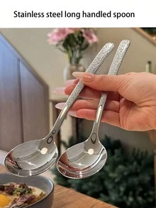 2/5pcs Stainless Steel Hammered Texture Long Handle Dinner Spoons, Round Soup/Tea Spoons For Home Use - Silver - View 6