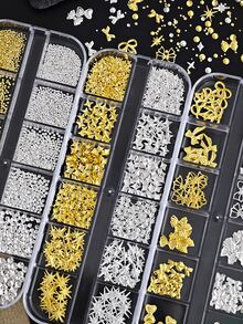3盒裝金銀色混色美甲飾品套裝，多尺寸四角星、6款鏤空蝴蝶結與0.8-3mm微鋼珠，甜美百搭美甲裝飾，附彎曲鑷子，DIY美甲美甲用品美甲鑽飾 - 彩色 - 查看 7