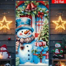 Cortina de puerta plana 2D de muñeco de nieve navideño, estilo acuarela con muñeco de nieve lindo con caja de regalo y árbol de Navidad, esquema de color rojo y azul, poliéster duradero, sin necesidad de energía, adecuado para decoración de fiesta de Navidad, se puede usar para decoración de pared, puerta y ventana interior y exterior, arreglo de ambiente festivo, hogar, centro comercial, estudio, escenas al aire libre, material de poliéster, sin necesidad de energía - A - Ver 4