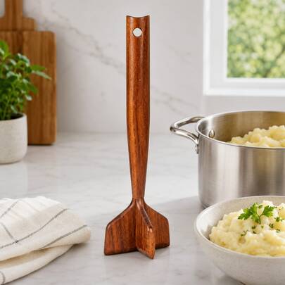 Picador de carne y aplastador de hamburguesas de madera de teca, triturador multifuncional de carne molida, desmenzador de pollo, también funciona como machacador de papas, herramienta de 10.5 pulgadas, esencial para todos los amantes de las hamburguesas.