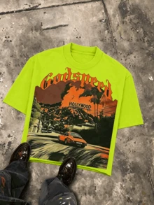 Holly Wood Hills Orange Sunset Distressed Hardcore Punk Tee, Oversized 180g Durable Cotton, Concert Mosh Crew Neck For Men - 螢光綠 - 查看 1