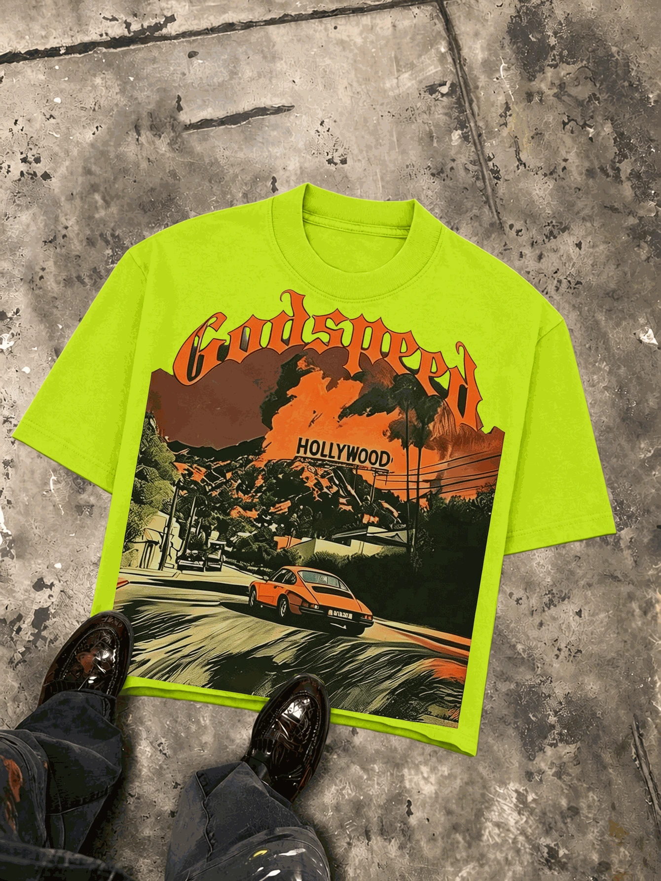 Holly Wood Hills Orange Sunset Distressed Hardcore Punk Tee, Oversized 180g Durable Cotton, Concert Mosh Crew Neck For Men - 螢光綠 - 查看 1
