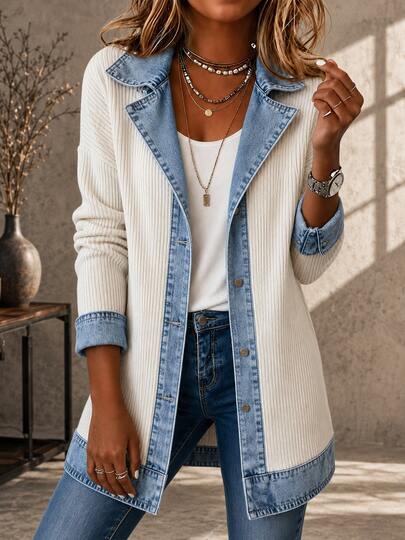 Women's Casual Denim Spliced Jacket, Loose Neck Open-Front Top, Long-Sleeve Single-Breasted Slim-Fit Autumn And Winter Coat