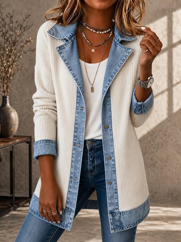 Women's Casual Denim Spliced Jacket, Loose Neck Open-Front Top, Long-Sleeve Single-Breasted Slim-Fit Autumn And Winter Coat