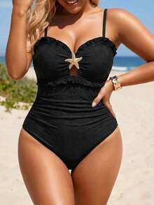 Plus Size Black Floral Jacquard Textured Spaghetti Strap One-Piece Swimsuit, Ruffle Hollow Out With Starfish Decor, Suitable For Summer Beach, Pool Party, Vacation, Back To School - Black - View 10