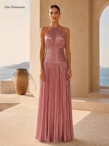 Dusty Rose Metallic Plissé Halter Maxi Dress - 重量 - 查看 2