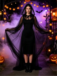 Halloween Cool Dark Style Long Hooded Cloak, Lightweight Mesh Material, Unisex; Classic Witch Cape, Suitable For Horror Theme Party, Cosplay, Bar Decor, Halloween Role Play - Multicolor - View 5
