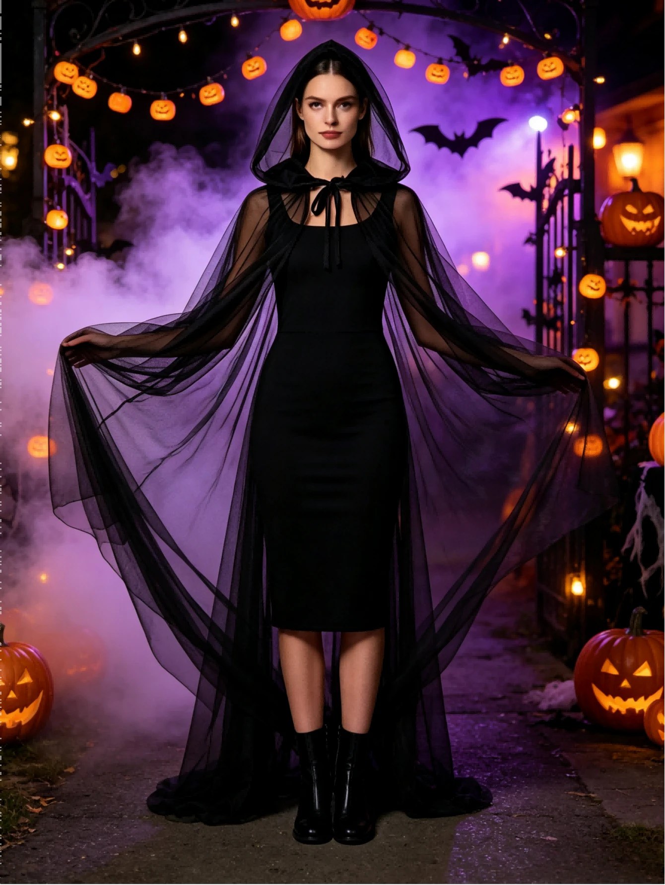 Halloween Cool Dark Style Long Hooded Cloak, Lightweight Mesh Material, Unisex; Classic Witch Cape, Suitable For Horror Theme Party, Cosplay, Bar Decor, Halloween Role Play - Multicolor - View 1