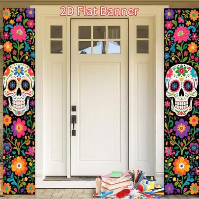 2D Flat BannerParty Banner Made Of Polyester Material, Featuring A Double-Layer Design With Sugar Skulls And Marigold Elements For Day Of The Dead Decoration. Suitable For Wall Hanging. No Power Supply Required.