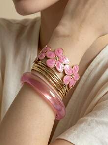 3pcs Vintage Vibrant Enamel Floral Stainless Steel Gold Elegant Floral Bracelet Set, High Street Fashion Resin Translucent Bright Summer Mix & Match Jewelry, Elegant Enamel Open Bangle Bold Aesthetic Accessory Stackable - Flower Set - View 4