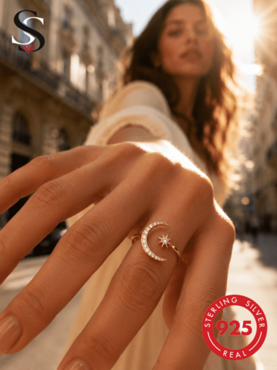 1 pezzo Anello aperto in argento sterling S925 con zirconi cubici a forma di luna e stella, anello di moda da donna