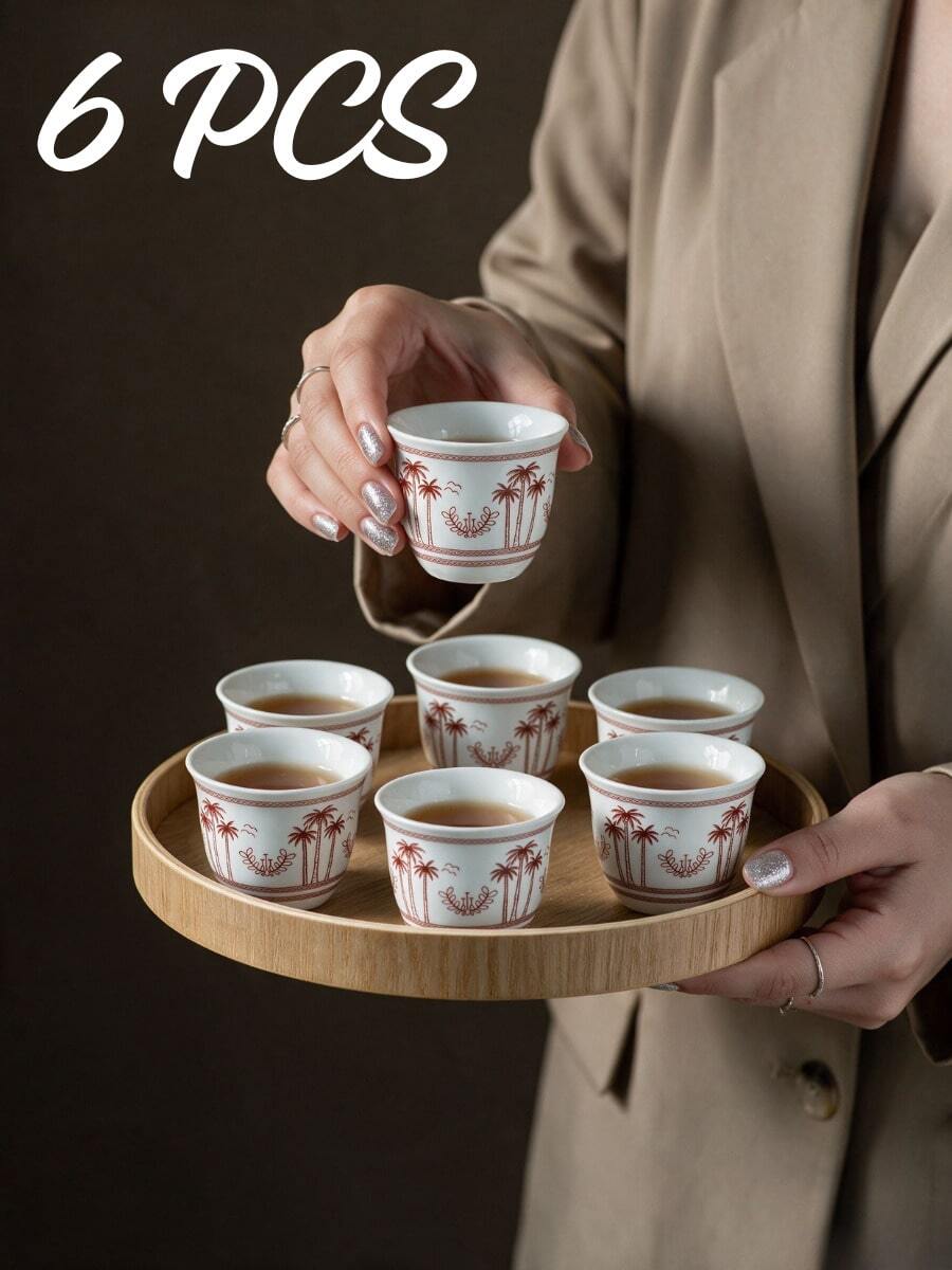 6pcs Tropical Palm Tree Decor Coffee Tea Cups With Gift Packaging, White Ceramic Mugs, Suitable For Saudi National Day Dinner Party, Ramadan Table Decor, Kitchen Countertop Display