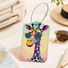 1pc Luggage Tag, Selected PU Leather Material With Privacy Protection Flap And Sturdy Stainless Steel Ring, Easy To Identify, Suitable For Various Travel Bags (Fashion Glasses Spotted Dog/Frog/Cat/Goose/Dachshund/Giraffe/Capybara Print) - Multicolor - View 12