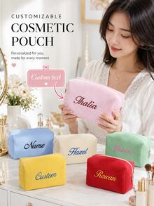 Personalized Canvas Makeup Bag, Heart Print, Fashionable Makeup Storage Bag, Customized Name Travel Storage Bag, Women's Fashionable Makeup Storage Bag - Multicolor - View 5