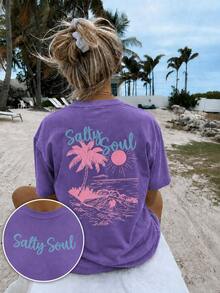 Women's Salty Soul Graphic T Shirt, Oversized Tropical Beach Tee, Palm Tree Ocean Print Casual Top, Coastal Vacation Shirt For Women, Summer Dailywear - 杏子 2 - 查看 10