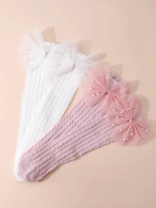 2 Pairs Girls Children Sweet Style Bow Mid-Calf Socks White / Pink Breathable Mid-Calf Socks Suitable For Daily Wear, Party Outfits - Multicolor - View 7