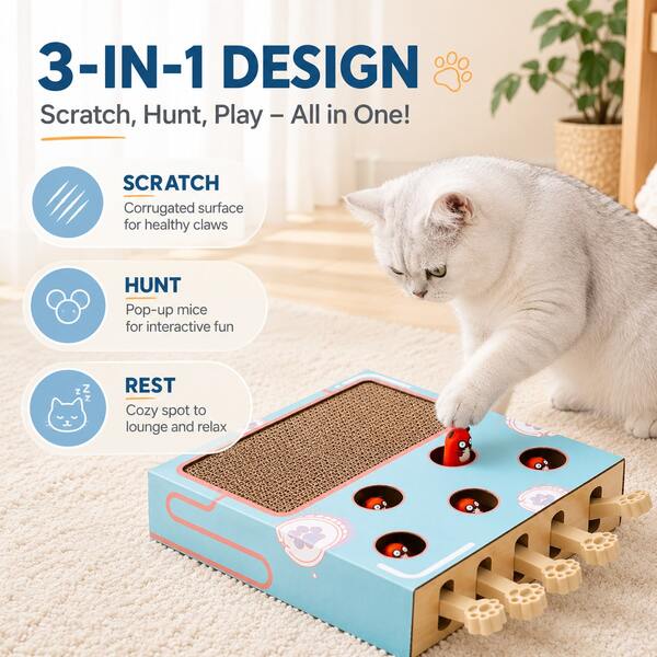 3-In-1 Interactive Cat Scratcher With Pop-Up Mice, Corrugated Cardboard Scratch Pad & Puzzle Toy For Indoor Cats