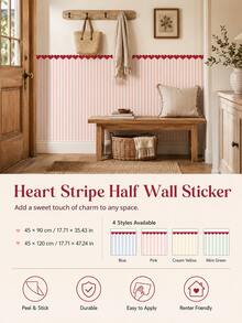 1pc/4pcs Heart Stripe Half Wall Decal, Removable & Peel And Stick Wall Sticker, Suitable For Bedroom, Living Room And Entryway, 4 Colors Available - Heart Pinstripe - View 2