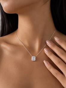 ConiiW Minimalist Fashion 925 Sterling Silver 1ct Rectangular Moissanite Bezel Necklace, Suitable For Women, School Or Commute - Silver - View 2