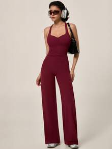 TimeOff Conjunto deportivo de mujer de un solo color con camiseta de tirantes de espalda nadadora con relleno extraíble y pantalones de cintura alta de pierna ancha - Rojo - Ver 7
