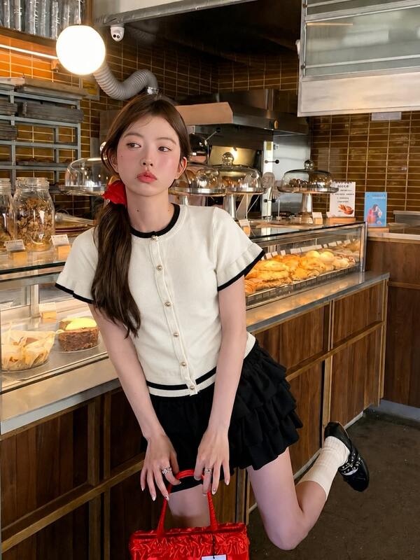 甜美 Y2K 對比滾邊荷葉邊短袖針織開襟衫，女款圓領修身短版開襟衫，適合夏季度假、母親節休閒穿搭