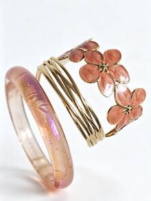 3pcs Vintage Vibrant Enamel Floral Stainless Steel Gold Elegant Floral Bracelet Set, High Street Fashion Resin Translucent Bright Summer Mix & Match Jewelry, Elegant Enamel Open Bangle Bold Aesthetic Accessory Stackable - Flower Set - View 7