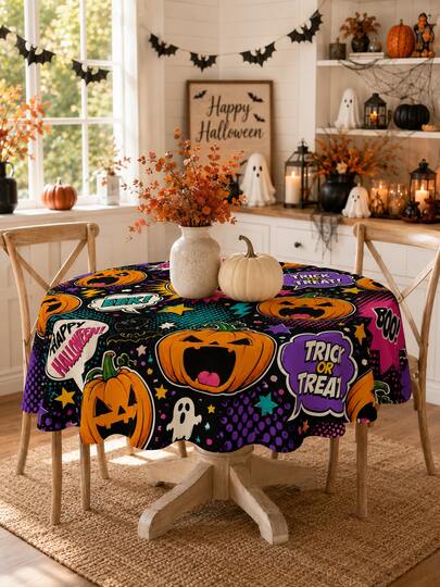 1pc Halloween Themed Black Cartoon Tablecloth, Printed With Pumpkin, Ghost, Star, Lightning, Text And Bubble Patterns, Suitable For Vintage Halloween Party Or Home Decor