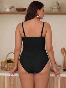 Plus Size Black Floral Jacquard Textured Spaghetti Strap One-Piece Swimsuit, Ruffle Hollow Out With Starfish Decor, Suitable For Summer Beach, Pool Party, Vacation, Back To School - Black - View 9