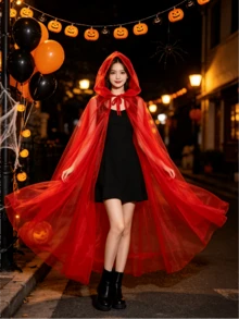 Halloween Cool Dark Style Long Hooded Cloak, Lightweight Mesh Material, Unisex; Classic Witch Cape, Suitable For Horror Theme Party, Cosplay, Bar Decor, Halloween Role Play - Multicolor - View 3