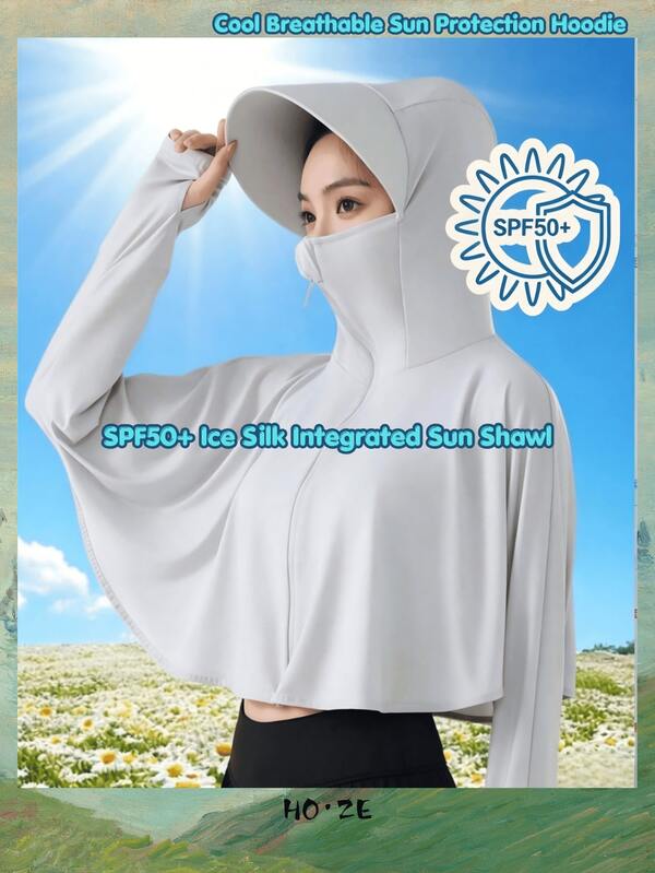 1pc SPF50 Cooling UV Protection Hooded Shirt, Breathable Sun Protection Cape For Hiking, Cycling, Driving, Lightweight Sunscreen Jacket