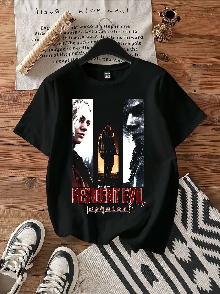 Requiem Vertical Trio Horror Game Vintage Poster Tee. - 黑色 - 查看 1