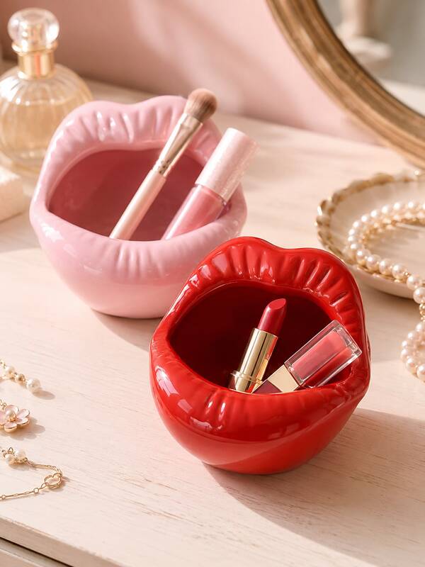 Red Or Pink Lips Cosmetic Organizer, Creative Resin Makeup Holder For Lipstick, Eyeliner, Brushes And Small Beauty Accessories, Decorative Vanity Storage For Dressing Table, Bedroom, Bathroom, Dorm, Makeup Studio And Salon