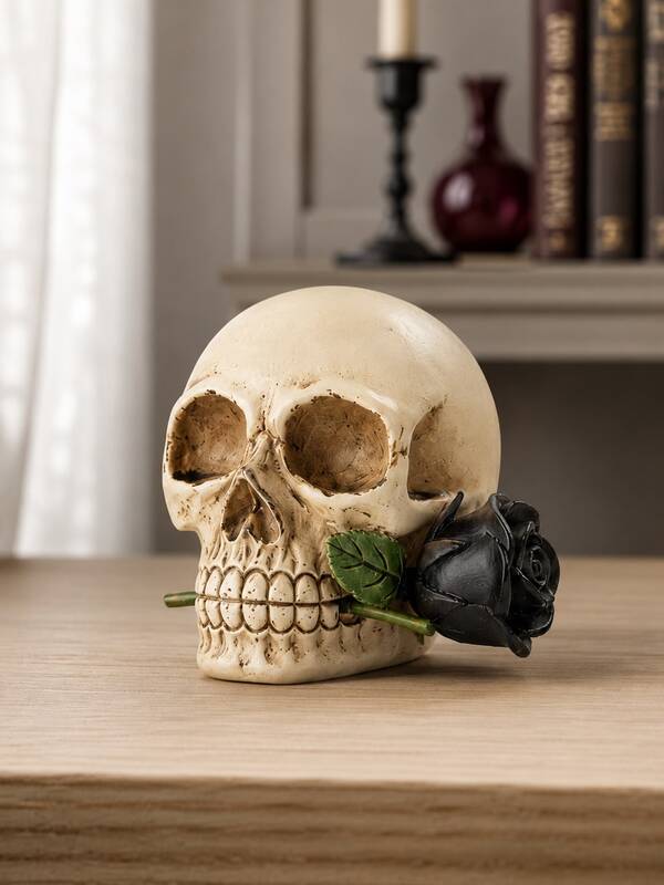 1 pièce Sculpture de crâne gothique et rose noire, décoration d'art de bureau romantique sombre, convient pour l'étagère, la table basse, la chambre, le bureau et le manteau de cheminée, accent de style sorcière pour la pièce, ornement de décoration d'Halloween, cadeau de maison gothique