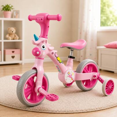 Bicicleta Infantil Unicórnio Rosa com Rodinhas Pedais Aprendizado Seguro Crianças +12 Meses Presente Infantil Resistente Divertida Até 25kg