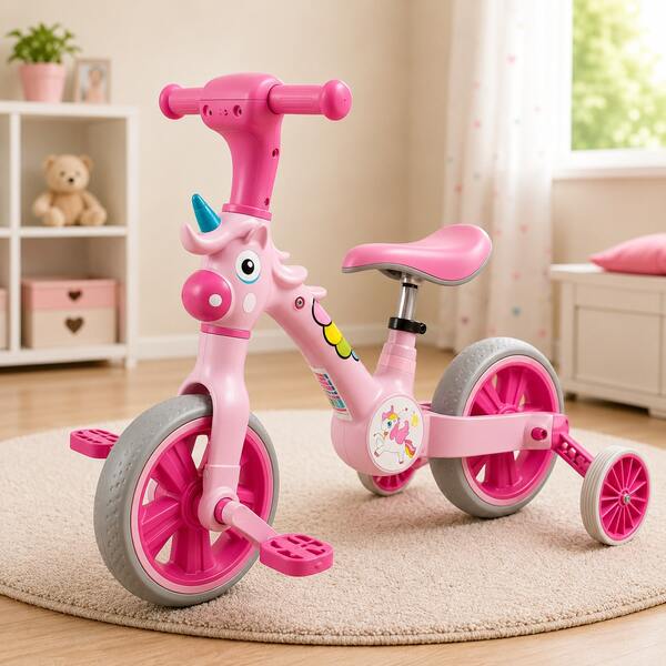 Bicicleta Infantil Unicórnio Rosa com Rodinhas Pedais Aprendizado Seguro Crianças +12 Meses Presente Infantil Resistente Divertida Até 25kg