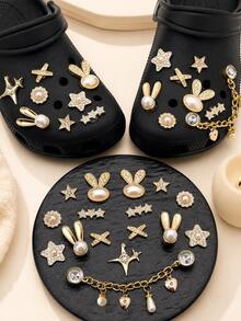 16PCS Gold Bunny Star Shoe Charms Set, Pearl Rhinestone Chain DIY Decoration Accessories, Cute Elegant ABS Charms For Clogs Sandals Shoes, Women Girls - Gold - View 6
