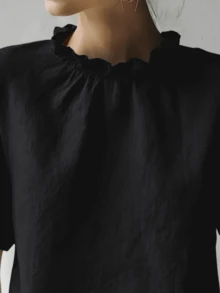Solid Color Ruffle Trim Short Sleeve Casual Shirt Black Summer - Black - View 5