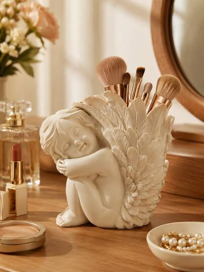 Angel Makeup Brush Organizer, Sleeping Cherub Resin Cosmetic Holder With Detailed Wings, Vanity Storage For Brushes, Eyeliners, Mascara And Beauty Tools, Bedroom, Dresser, Bathroom Counter, Dorm, Salon And Angel Lover Gift