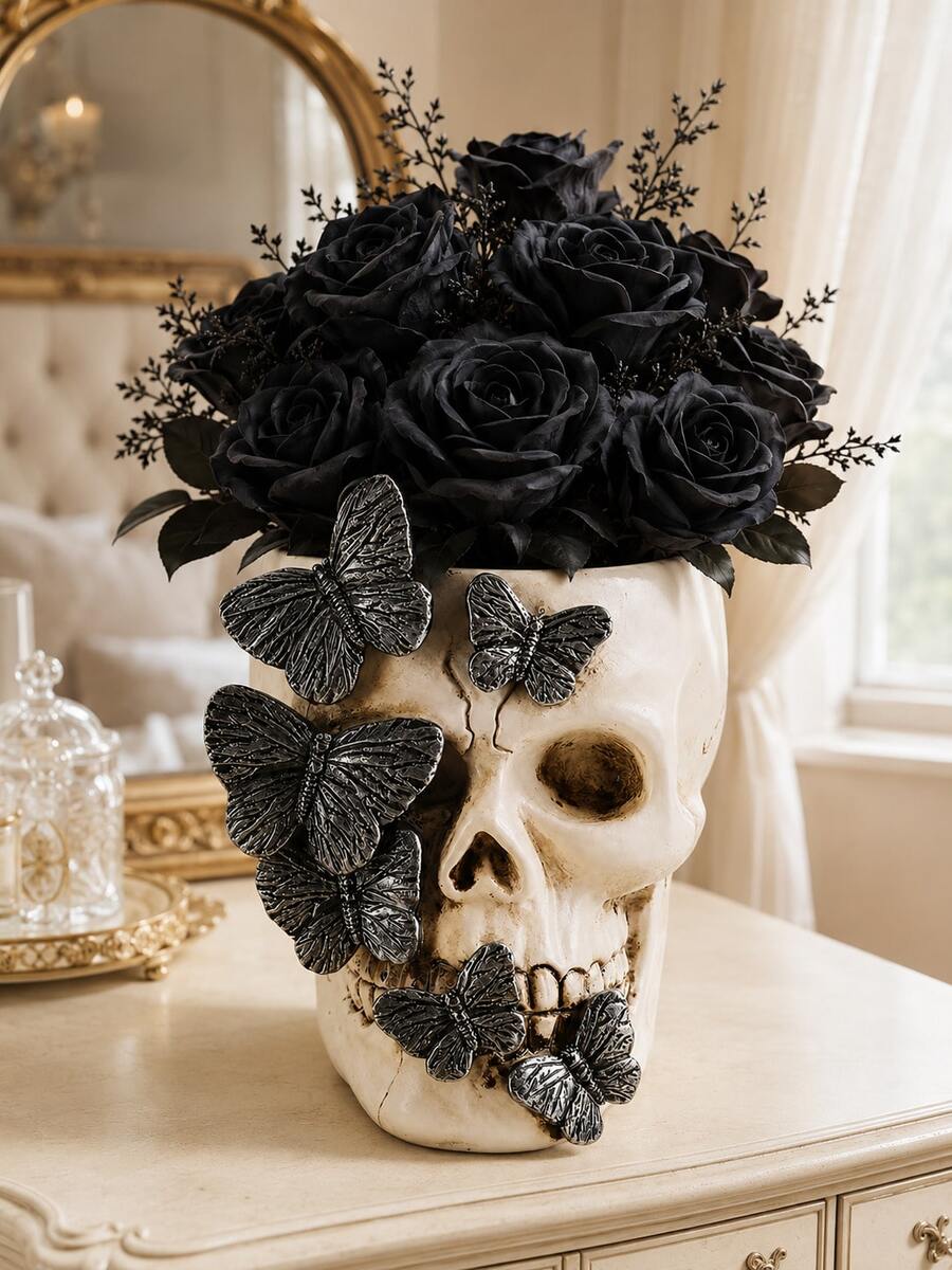 Butterfly Skull Resin Vase - Unique Gothic Style Resin Planter With Black Butterfly Decor, Suitable For Displaying Fresh/Dried Tulips, Daisies, Etc. Can Be Placed On Vanity, Bookshelf, Or Gothic-Style Corner To Add Bohemian Personalized, A Fashionable Decor Item For Floral Enthusiasts. - Multicolor - View 1