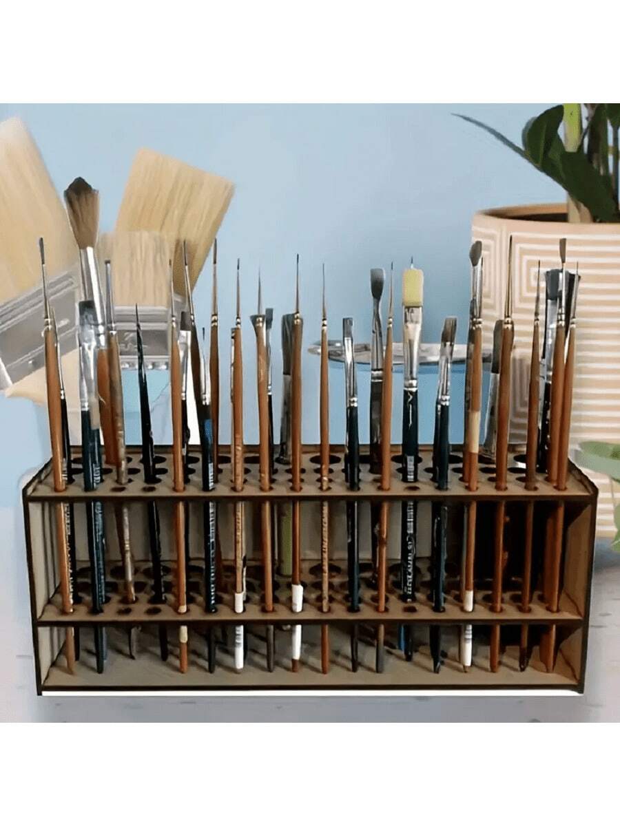 Tempat Kuas Lukis Kayu Berlapis-lapis dengan Banyak Kompartemen, Baki Penyimpanan Pena Kayu yang Dapat Dirakit Sendiri, Aksesori Meja untuk Seniman dan Pengrajin - A - View 1